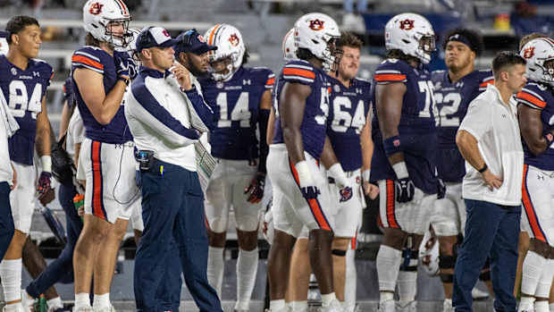 Bryan Harsin looks on the field against Mercer.